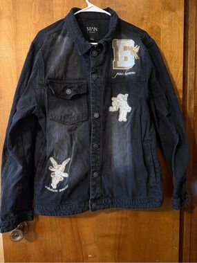 Boohoo Black Embroidered Patch Denim Jacket for Men